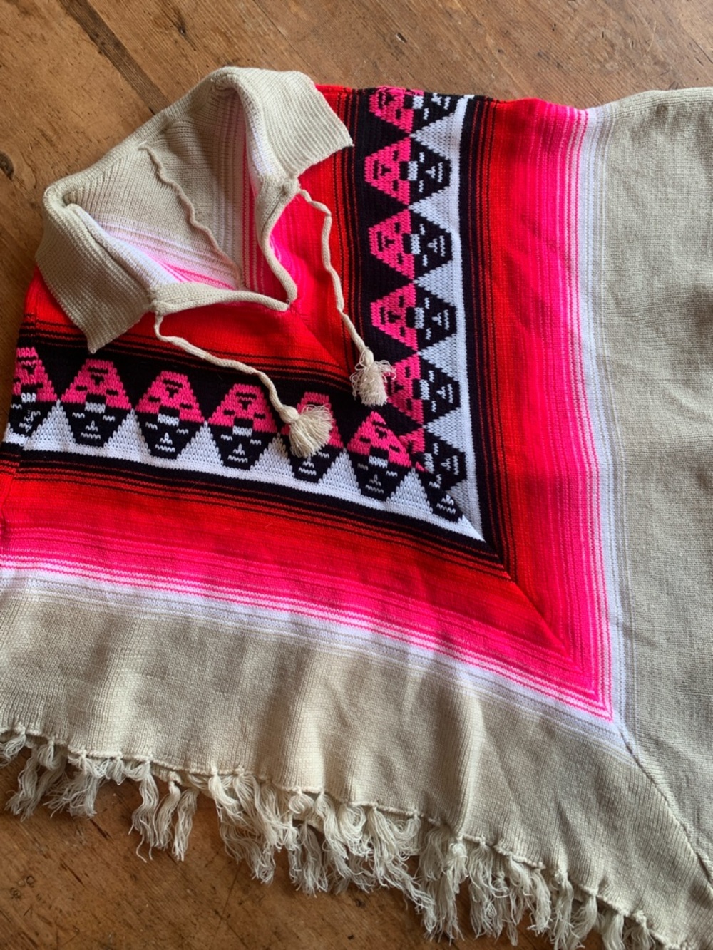 Hand Crafted Pink Red Beige Aztec Hooded Poncho